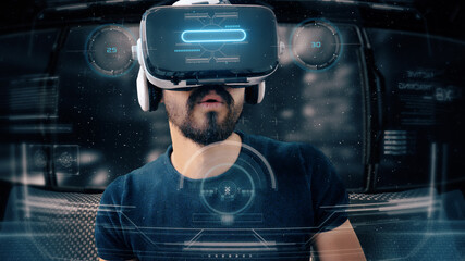 Bearded man uses VR-headset display for virtual reality game while entering an immersive holographic experience inside the Metaverse. Concept of virtual hologram, simulation, gaming. - obrazy, fototapety, plakaty