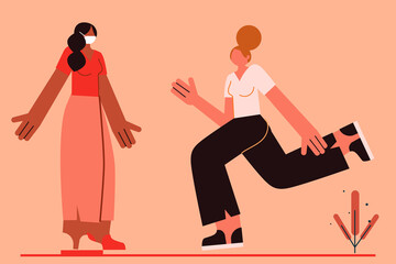 Black and white girls meeting outdoors. One is running towards the other friend. Concept on friendship, sisterhood, happiness and connection. Character design. Vector illustration