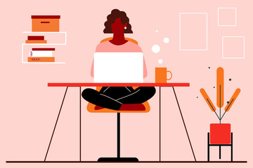 Dark-skinned woman working from home, running virtual business. Concept illustration on remote working, women in business, female entrepreneur.