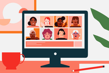 Family, work call, chat. Women circle, relationship, connection, diversity, community. Remote working. Colorful, vector illustration