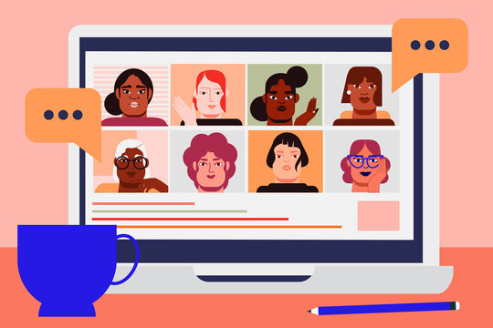 Family, work call, chat. Laptop, women circle, relationship, connection, diversity, community. Colorful, vector illustration