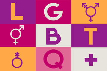 LGBTQ+ colorful letters, gender symbols. Pride, minority, tolerance, identity. Lettering, typography. Flat design - obrazy, fototapety, plakaty