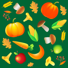 Autumn pattern with harvest and mushrooms on green background 