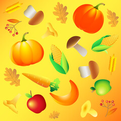 Autumn pattern with harvest and mushrooms on yellow background 