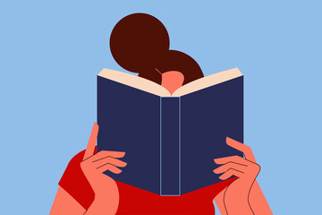 Woman reading a book. Avid reader, bookworm. Colorful flat vector illustration. Education, reading, learning. Passion, hobby, knowledge