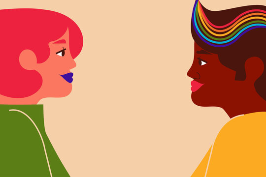 Two women facing each other. Rainbow, color, togetherness. Pride. Vector illustration