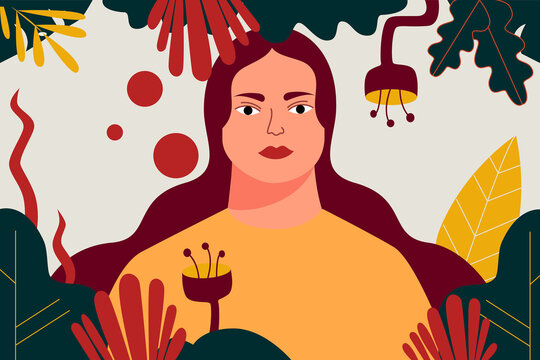 Womxn in the garden, colorful illustration with plants and flowers. Flat design