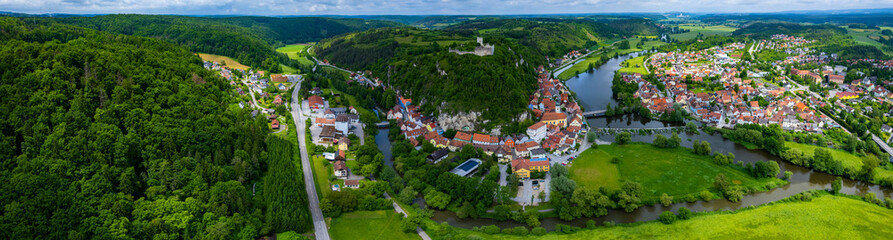 Fototapeta na wymiar Aerial view of the city Kallmünz in Germany, Bavaria. on a sunny day in spring