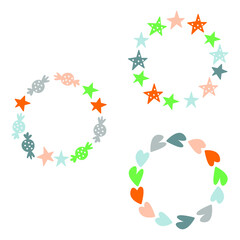 Vector cute birthday wreaths. Cartoon set of colorful frames. Stars, hearts, candies. Cartoon print design.