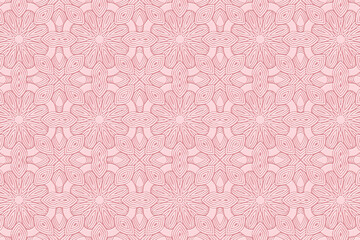Geometric volumetric convex 3D pattern for wallpapers, presentations, websites, textiles. Embossed artistic background in traditional oriental style. Pink floral texture with ethnic ornament.