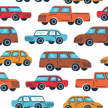 Seamless trendy pattern. A classic cars in retro color on white background. Vintage style. Design for use in textiles, fabrics for kids, publications, gift wrap Vector illustration