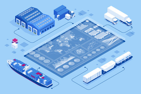Isometric Global logistics network concept. Interactive panel for tracking cargo online. Maritime, air shipping transport logistic, warehouse storage concept, export or import