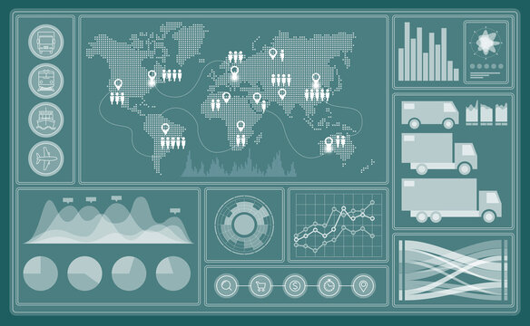 Isometric Global logistics network concept. Interactive panel for tracking cargo online. Maritime, air shipping transport logistic, warehouse storage concept, export or import