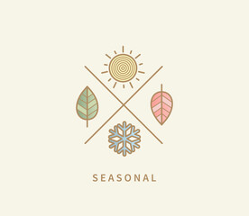 Symbols for four seasons. Icon set with signs for hot summer,cold winter,red autumn and green spring. Snowflake, red and green leaf, sun. Great template for logo, web, design. Vector illustration.