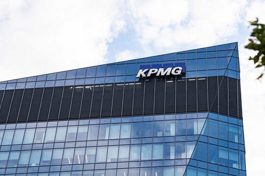 Warsaw, Poland - July 29, 2021: View at KPMG logo on the office facade