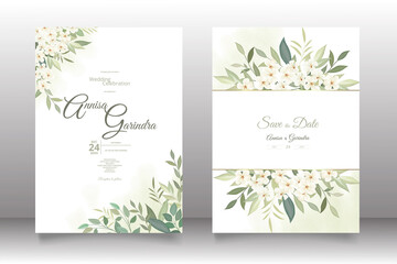 Fototapeta na wymiar Wedding invitation card template set with beautiful white floral leaves Premium Vector