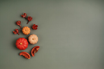 Collection of handmade plaster pumpkins. Autumn seasonal holidays background