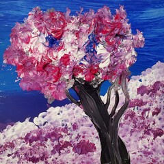 Drawing of bright pink red tree, japanese sakura garden, blue clouds white highlights on field. Picture contains interesting idea, evokes emotions pleasure. Natural paints Concept art painting texture