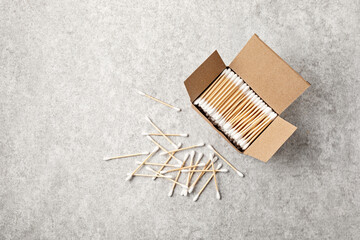 Bamboo cotton buds in carton box. Ethical, sustainable, no plastic lifestyle