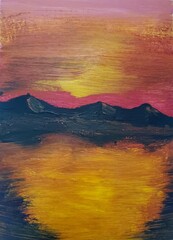 Drawing of bright sea sunset sunrise, yellow red clouds, orange highlights on water. Picture contains interesting idea, evokes emotions aesthetic pleasure. Natural paints. Concept art painting texture