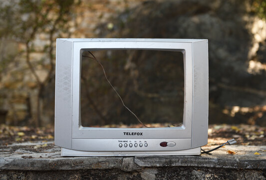 Turkey, Kemer 07.04.2021:An Old Silver TV Set Without A Screen Stands In The Woods. Vintage TVs 1980s 1990s 2000s. 