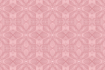 Geometric volumetric convex 3D pattern for wallpaper, websites, textiles. Embossed beautiful background in traditional oriental style. Pink velvet floral texture with ethnic ornament.