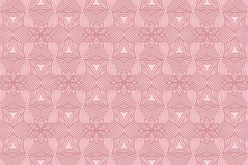 Geometric volumetric convex 3D pattern for wallpaper, websites, textiles. Embossed creative background in traditional oriental style. Pink velvet floral texture with ethnic ornament.
