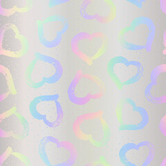 Heart seamless pattern. Hearts background. Repeating pattern. Repeated texture for design prints, tiles, gift wrappers, wallpapers. Iridescent printed. Hologram colours patern. Neon color. Vector