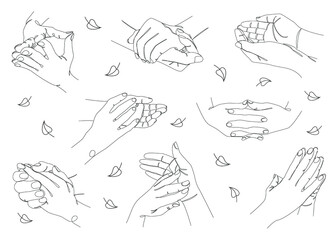 Silhouette Collection of human hands. Applause concepts in a modern one line style with plant leaves. Solid line sketches for decor, posters, stickers, logo. Vector illustration set.