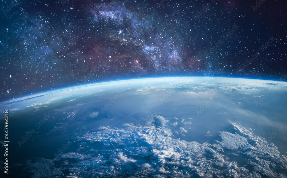Poster earth in the outer space. orbit of planet. sun light and stars on background. milky way. elements of