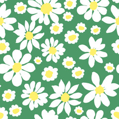 All-over vector seamless repeat pattern with white daisies of different shapes tossed on a green background