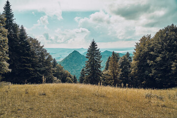 Beautiful aerial panoramic view of the Pieniny National Park, Poland in sunny day. Sokolica and Trzy Korony - English: Three Crowns (the summit of the Three Crowns Massif) © udmurd