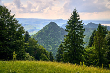 Beautiful aerial panoramic view of the Pieniny National Park, Poland in sunny day. Sokolica and Trzy Korony - English: Three Crowns (the summit of the Three Crowns Massif) © udmurd