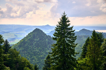 Beautiful aerial panoramic view of the Pieniny National Park, Poland in sunny day. Sokolica and Trzy Korony - English: Three Crowns (the summit of the Three Crowns Massif) © udmurd