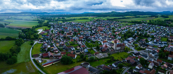 Aerial view of the city Berg bei Neumarkt in der Oberpfalz in Germany, Bavaria on a cloudy and rainy day in spring - obrazy, fototapety, plakaty