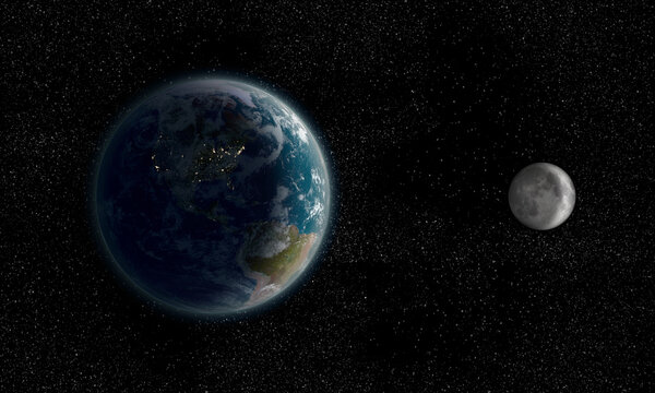 Earth and Moon from space at night