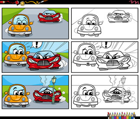cartoon comic story with cars characters coloring book page