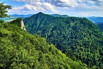 Beautiful aerial panoramic view of the Pieniny National Park, Poland in sunny day. Sokolica and Trzy Korony - English: Three Crowns (the summit of the Three Crowns Massif) © udmurd