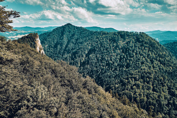 Beautiful aerial panoramic view of the Pieniny National Park, Poland in sunny day. Sokolica and Trzy Korony - English: Three Crowns (the summit of the Three Crowns Massif) © udmurd