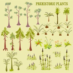 Fototapeta na wymiar Prehistoric plants illustration in isometric draw ancient flora and vegetation 