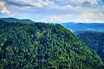 Beautiful aerial panoramic view of the Pieniny National Park, Poland in sunny day. Sokolica and Trzy Korony - English: Three Crowns (the summit of the Three Crowns Massif) © udmurd