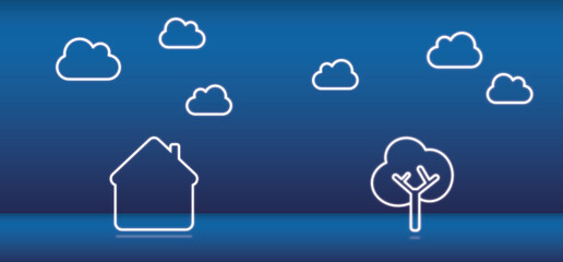 Glow silhouette of a House, a Tree and clouds