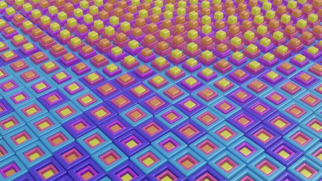 Abstract looped background of waves of cubes on a plane of bright colors. A grid of cubes. Classic simple background with animation design. 4K video. 3d render
