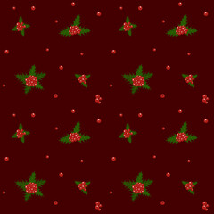 Pattern with illustration of Christmas holly plant. Christmas symbol