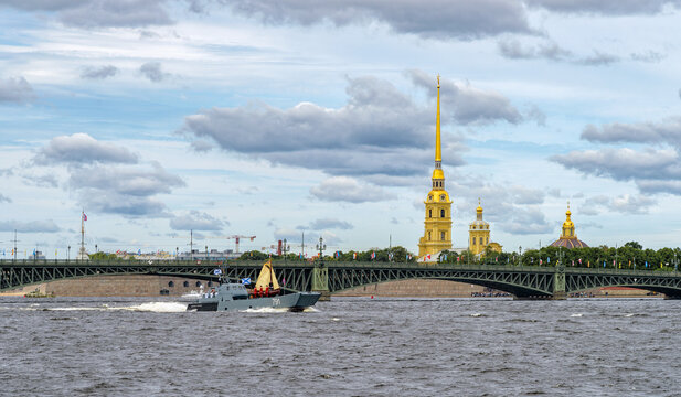 Landing boat "Alexey Barinov" carries a replica of the Botik of Peter the Great, a scaled-down warship, during the dress rehearsal of the Main Naval Parade. St.Petersburg, Russia