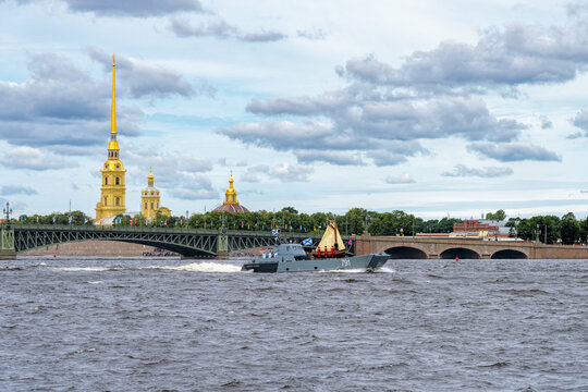 Landing boat "Alexey Barinov" carries a replica of the Botik of Peter the Great, a scaled-down warship, during the dress rehearsal of the Main Naval Parade. St.Petersburg, Russia