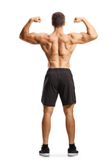 Rear view of a shirtless musuclar man flexing back muscles