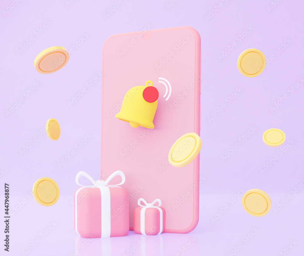 Poster bell notification on the mobile phone about the prize event with flying coins and gifts. 3d renderin