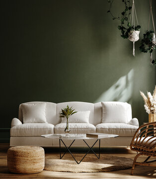 Dark green home interior with white sofa, table and decor in living room, 3d render