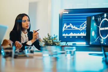 Trader woman watching blockchain video analysis inside hedge fund office - Focus on face